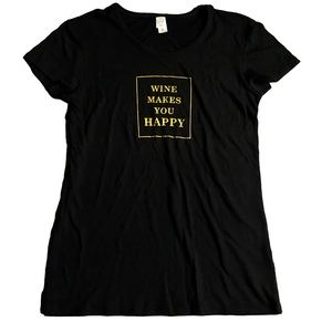 Black Graphic Tee with Gold Words Wine Makes You Happy Size Small Medium Trendy